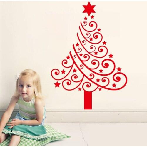 Christmas Tree With Stars Wall Stickers For Store Office Home Decor Diy Window Decal Xmas Festival Season Wall Vinyl Art