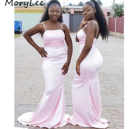 Pink Bridesmaid Dresses Spaghetti Straps Floor Length Sweep Train Crystal Beaded Silk Satin Wedding Party Bridemaid Dresses