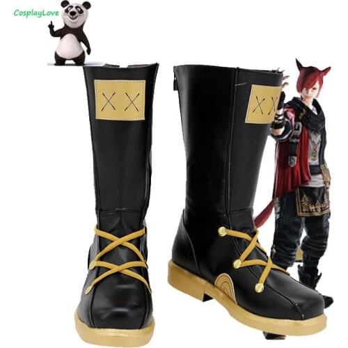 Final Fantasy XIV 5.3 G'raha Tia Black Gold Cosplay Shoes Long Boots Leather CosplayLove For Halloween Christmas