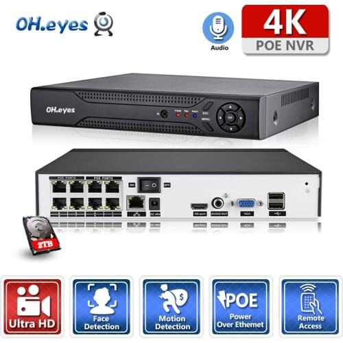 OH.eyes 4K 8CH POE NVR ONVIF H.265 Audio Out Surveillance Security DVR Video Recorder for POE IP Camera (1080P/4MP/5MP/8MP/4K)