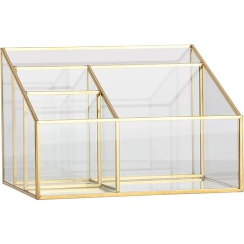 Vintage Glass&Metal Cosmetic Organizer 4 Compartments for Makeup Brushes Perfume Lipsticks Nail Polish,Golden