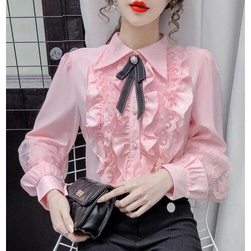 Women Vintage Office Pink Beading Lolita Blouse Spring Autumn Long Sleeve Female Casual Slim Top Palace Party White Dress Shirts