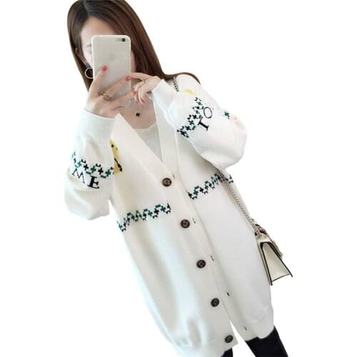 Ladies cardigans plus size fashionwomen sweater high quality knitting printing White long sleeve patterned sweater autumn K4327