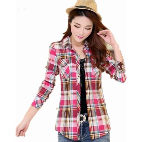 Womens Long Sleeves Cotton Paid Sirts For Girls Autumn School Blouse College Style Casual Flannel checked shirts women