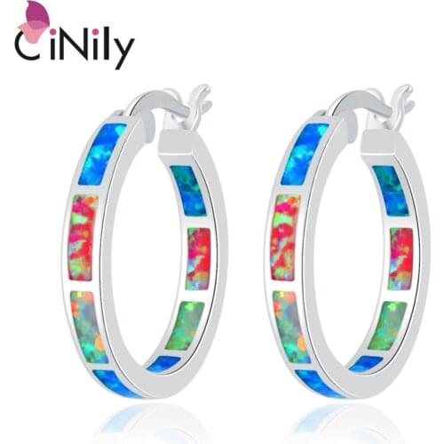 CiNily Rainbow Fire Opal Earrings Silver Plated Blue White Pink Small Round Circle Party Summer Jewelry Gifts for Woman Girl