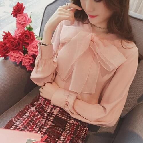 Ladies Korean Elegant Tops Women Long Sleeve Organza Blouse 2021 Spring Summer Bow Shirt Office White Blouses Femme Blusas