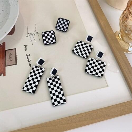 AOMU INS Trendy Personality Black White Lattice Geometric Square Acrylic Checkerboard Drop Earrings for Women Fashion Jewelry