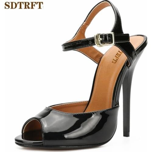 SDTRFT Women Party Sandals Summer 13cm thin High Heels Mujer Crossdresser RED Black Shoes Peep Toe Buckle pumps zapatos mujer