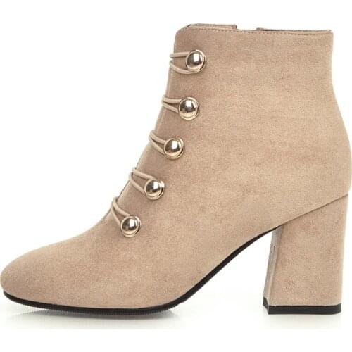 Faxu Suede Women Ankle Boots Fashion Lace Up Beige Black Ankle Boots For Women Block Heels Flock Casual Shoes 2021 Autumn Winter