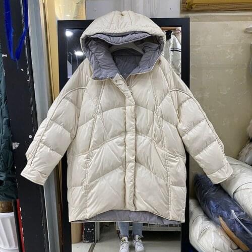 Whiter Thick Warm Duck Down Jacket Female Black Gray Hooded Loose Korea Style Girls Oversize Down Coats Womens Waterproof Coat
