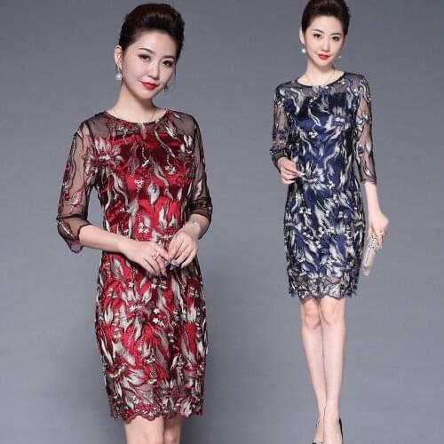 Spring Summer Womens 3/4 Sleeve Wine Red Blue Embroidery Elegant Dress , Woman Clothes , 5xl Slim Irregular Dresses for Women