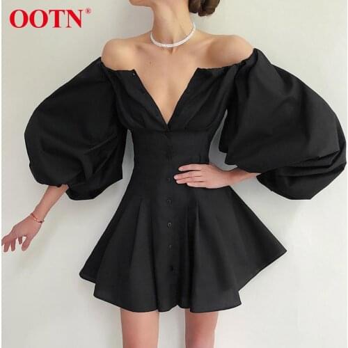 OOTN Off Shoulder Women Mini Dress Button Down Lantern Sleeve Pleated Tunic Summer Dress Bodycon Sexy Womens Dresses Elegant