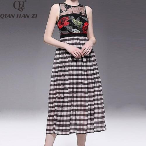 Qian Han Zi Fashion Runway Summer Dress Womens Sleeveless Mesh Patchwork Floral Embroidery Party Plaid Print Vintage Long Dess