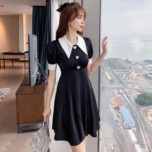 COIGARSAM Vintage Women one-piece dress korean Puff Sleeve High Waist Dresses Black 3009