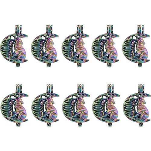 10x C1165 Rainbow Moon Wolf Pearl Cage Bead Cage Pendant Essential Oil Diffuser Aroma Locket For Oyster Pearl