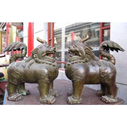 21 China royal Bronze Copper Feng Shui Evil talisman Foo Dog kylin Lion Pair