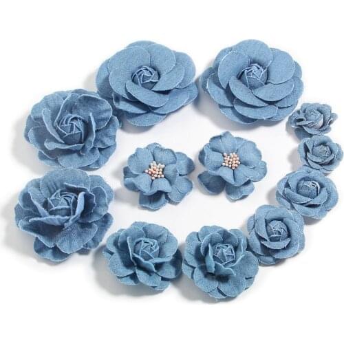 6Pcs Headmade Flowers Boutique For Headbands Denim Fabric Flower For Baby Girls Hair Accessories