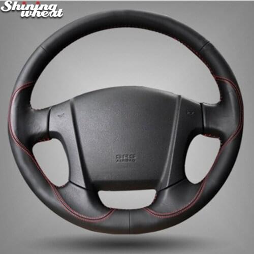 Shining wheat Black Genuine Leather Red Thread Steering Wheel Cover for Kia Sportage 2 2005-2010 2009 Sportage