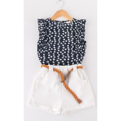 2019 children summer sets Girls new fashion floral chiffon T-shirt + white shorts with sash clothing set 3-8 years