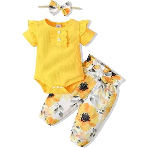 Newborn Infant Baby Girl Clothes Romper Onesie Floral Pant Outfits Set Cotton Baby Girls Clothes Baby Girls Pant Sets Yellow