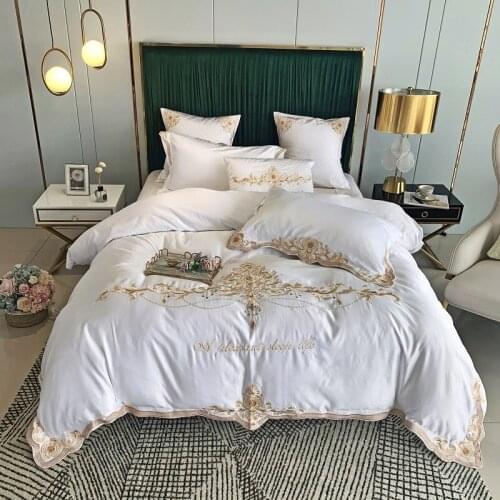 White Embroidery 60S Satin Washed Silk Bedding Set Cotton Duvet Cover Bed Linen Fitted Sheet Pillowcases Bedclothes 4PCS