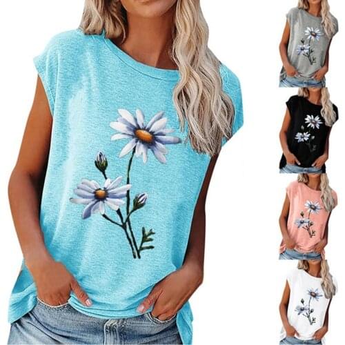 Summer Fashion Daisy Printed T Shirt for Women Casual O-neck Flower Print Black Graphic Tees Female T-shirts Top