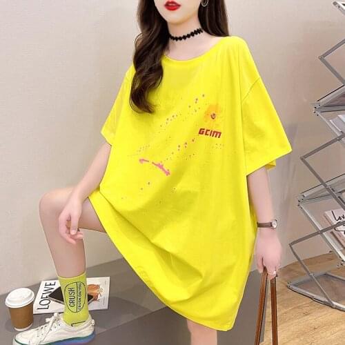 Summer new loose large size mid-length front and rear printed round neck short-sleeved T-shirt female trend