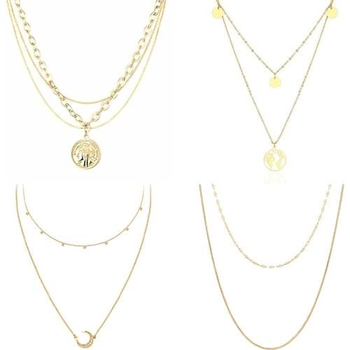 Multilayer Necklace Long Pendant Necklace Women Stainless Steel Necklace Fashion Moon Circle Map Pendant Necklace Jewelry Gift