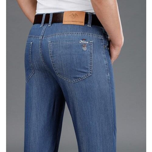 Mens Business Casual pants Straight Lightweight Cotton Jeans for men 2021 Spring Summer trousers denim Classic Luxury Brand