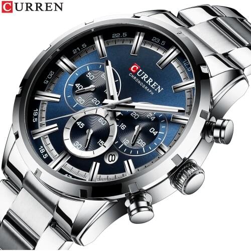 New Fashion Curren Business Men Watches Luxury Brand Silver Stainless Steel Wrist Watch Chronograph Army Military Quartz Watches