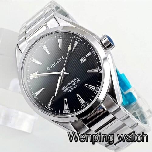 Corgeut 41mm mens top luxury business mechanical watch silver case sapphire glass black dial date luminous automatic watches