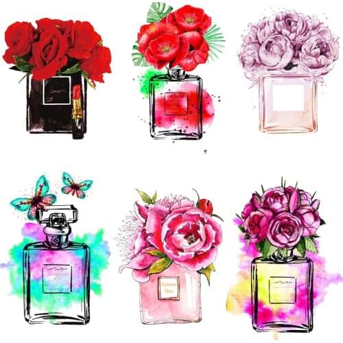 Pulaqi Rose Flower Perfume Bottle Patches Thermo Appliques Stickers On Clothes Iron On Transfers For Clothing Girl T-shirt Decor
