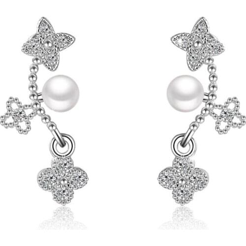 New Hot Sale Wholesale Shiny Zircon Pearl Design 925 Sterling Silver Stud Earrings for Women Jewelry Christmas Gift