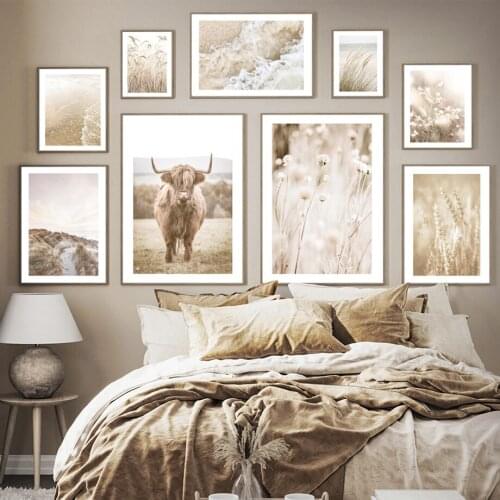 Autumn Nature Cow Wheat Reed Beach Waves Dry Flower Nordic Poster Wall Art Print Canvas Painting Decor Pictures For Living Room