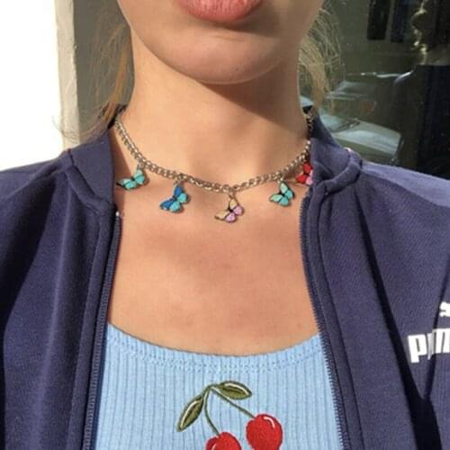 Y2K Harajuku Rainbow Butterfly Pendant Necklace For Women Metal Vintage Cool Charm Punk Colorful Choker Necklace Jewelry Gifts