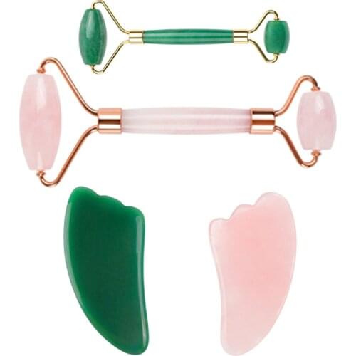 Face Massage Roller Natural Rose Quartz Jade Roller Set Real Jade Gouache Scraper Jade Massager Gua Sha Board Facial Massager