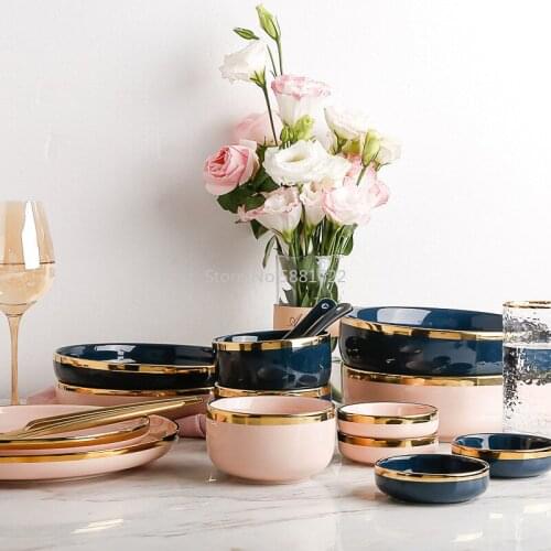 Pink Green Gold Stroke Ceramic dinner Plate Tableware Porcelain bulk Serving Dishes Plate Home Wedding Decorative Dinnerware