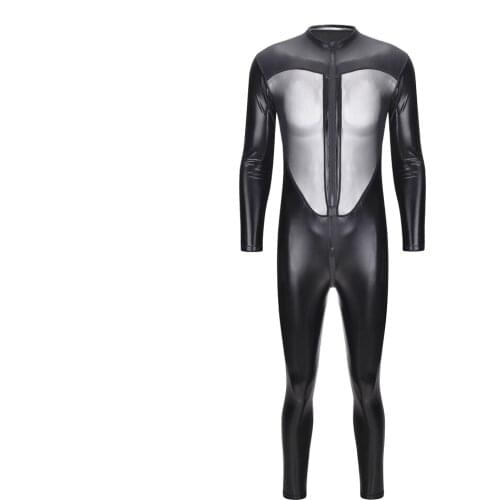 Sexy Stretchy Patent Leather Mesh Catsuit Bodysuit Sexy Lingerie for Men Latex Spandex Zentai Male Costume 3XL 2XL Plus Size