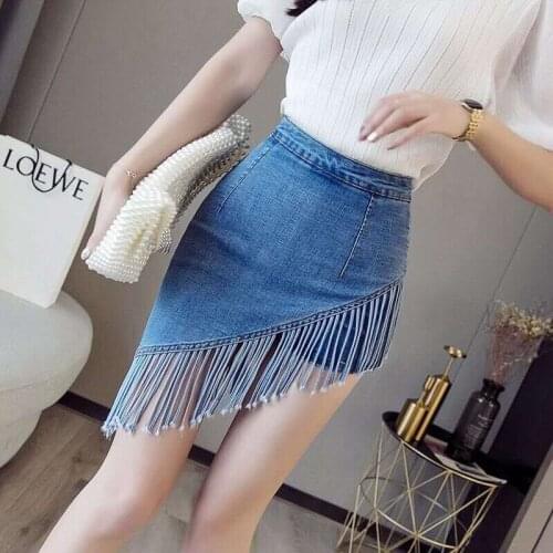 Tassel Summer Denim Skirt Zipper High Waist Korean Short Skirt Women Mini Sexy Vintage Pencil Jeans Skirts Blue High Quality