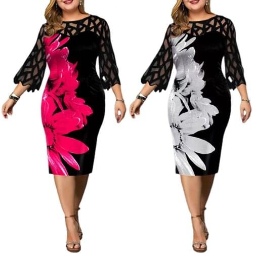 Womens Summer Dress Elegant O Neck Digital Floral Print Casual Dress 2021 New Mesh Sleeve Birthday Club Party Bodycon Dresses