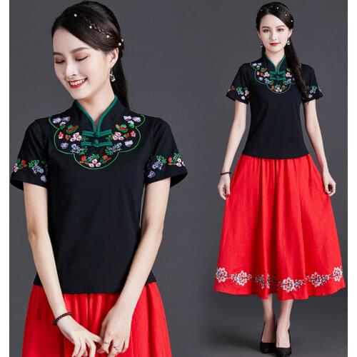 Chinese Style Clothing Women Vintage Floral Print Qipao Tops Hanfu Tee Shirt Qi Pao Tang Suit Blouse T-Shirt Cheongsam Top V1938