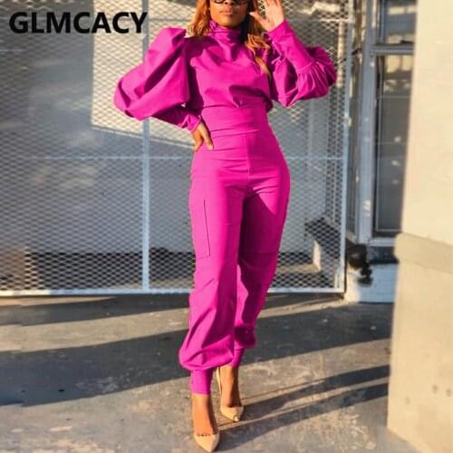 Women Two Piece Chic Suits Lanntern Sleeve Top & High Waist Cargo Pants Set Streetwear