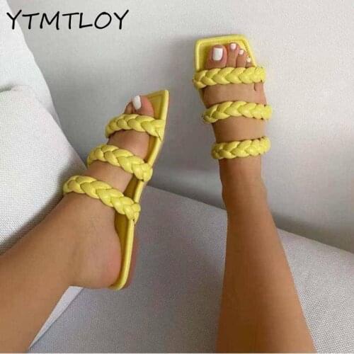 2021 Ladies Square Toe Woven Slippers Womens Summer Beach Solid Color Flat Casual Fashion Slippers Zapatos De Mujer