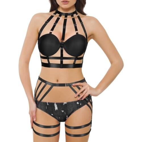 Women Straps Bra Garter Body Belt Waist To Leg Bondage Cage Bodysuit Sexy Underwear 2 Piece Leather Harness Set Goth Rave Fetish