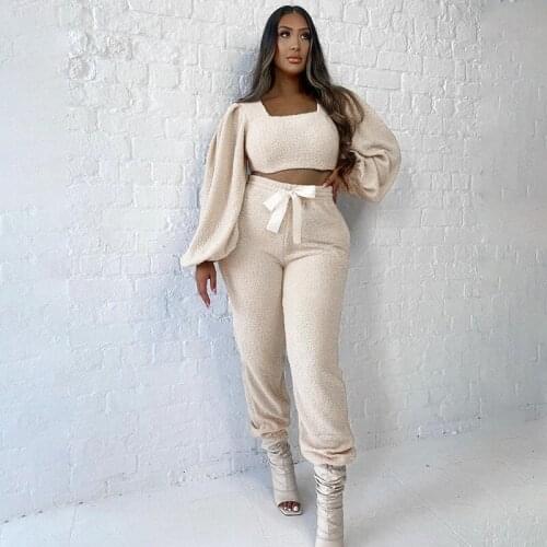 2021 Casual Lantern Sleeve Women Suit Two Piece Set Square Neck Pullover Solid Color Loose Suit Fashion Cotton Ladies Suit