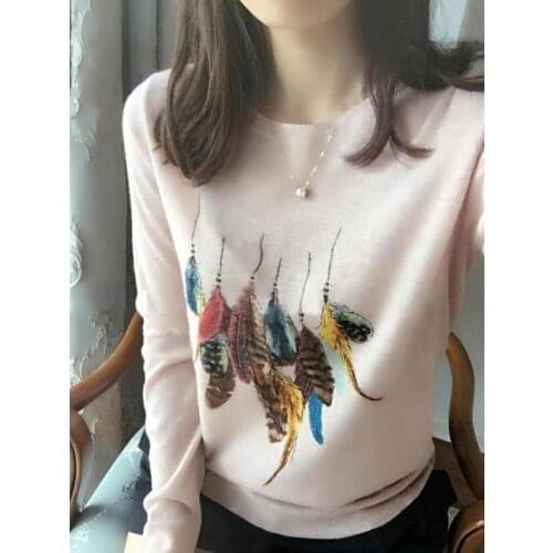 Autumn and winter new cashmere sweater womens round neck Pullover Sweater feather printing net red fashion knitted bottomed