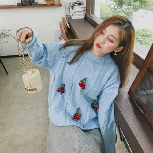2021 Winter Korean Style Cherry Sweater Women Sweet Pink Knitted Casual Pullover Sweater Women Long Sleeve O-neck Ladies Jumpers