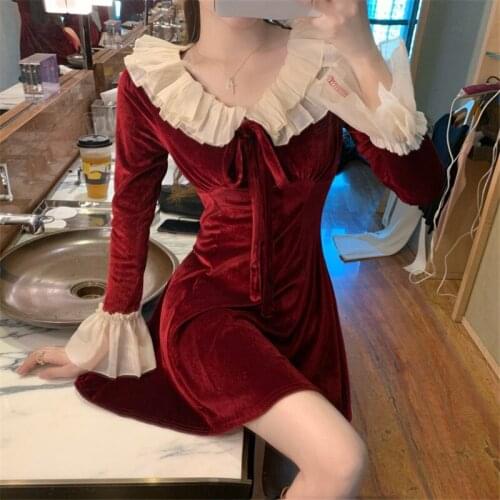Ruffles Velour Dress female lotus leaf stitching slim waist long-sleeved short dresses 2021 spring and autumn kerst jurk jurken