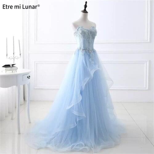 2020 Sweetheart Light Blue Beading Bandage Prom Dress Sleeveless A-Line Lace Evening Gowns vestidos de gala Real Photo LE4038