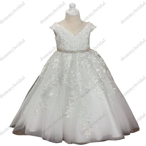 2021 Elegant White Princess Lace Pearls A line Kids Flower Girl Dresses with Sleeves V neck Tulle First Communion Prom Dress